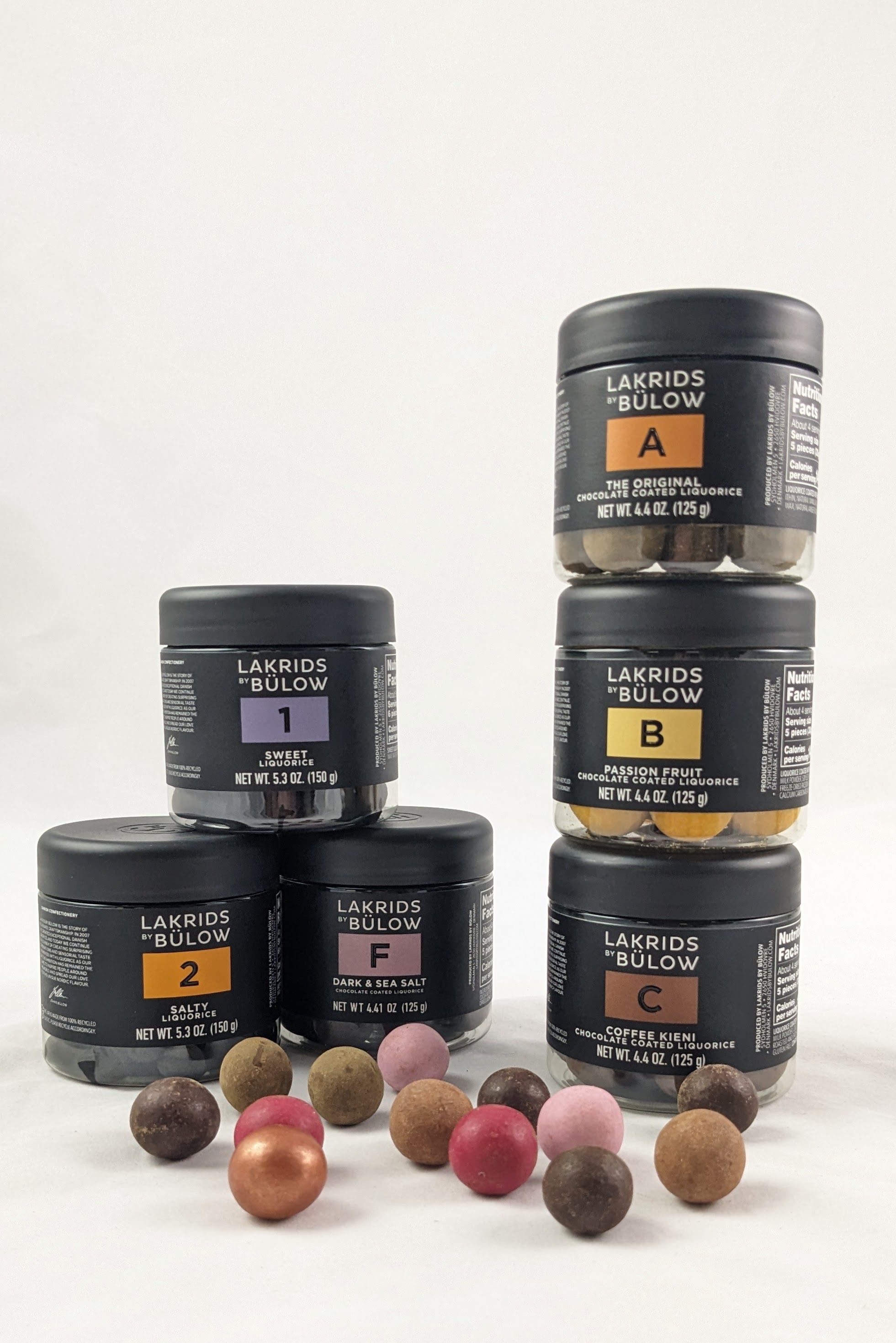 an assortment of the lakrids by bulows lineup against a white backdrop
