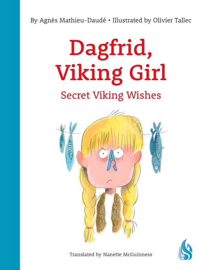 Book cover with title and graphic of a viking girl with blonde braids, a nose plug, and fish hanging on a line behind her.