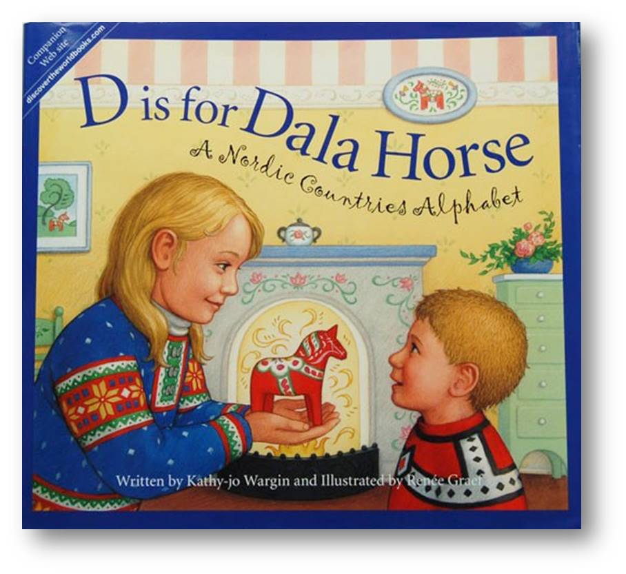 Book cover with title and graphic of a young girl holding out a red painted dala horse to a young boy.