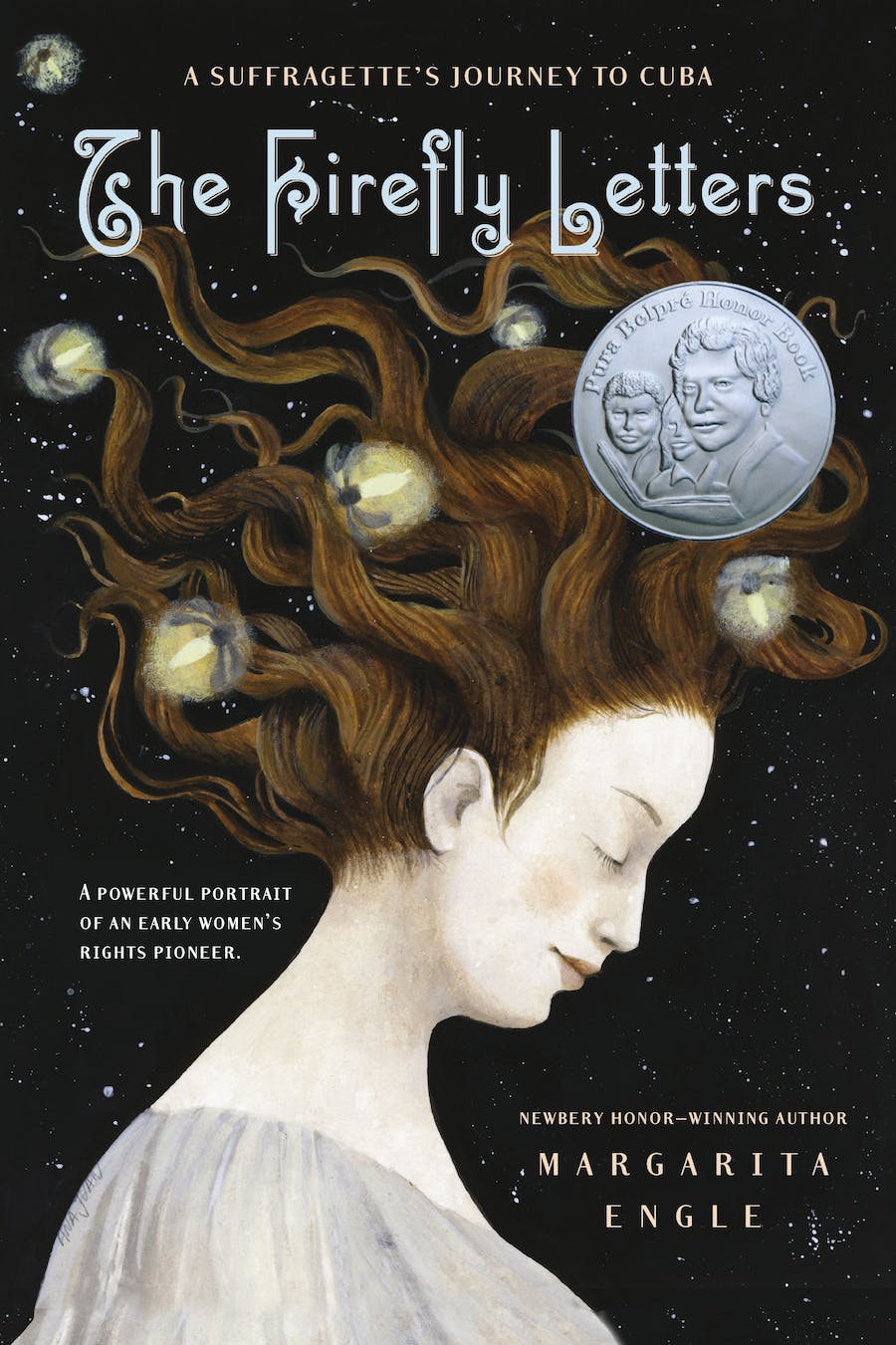 Book cover with title and graphic of a brunette woman with fireflies in her hair. 
