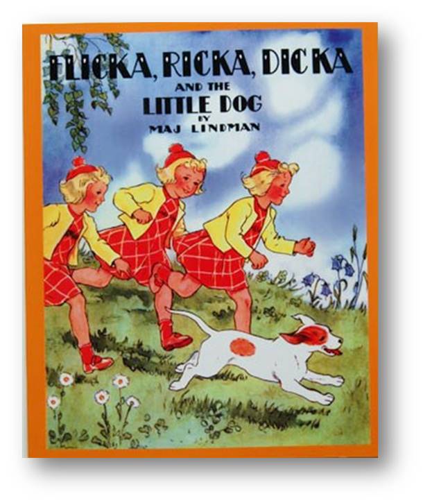 Book cover with title and graphic of three blond girls running through the grass with a white and brown spotted dog. 