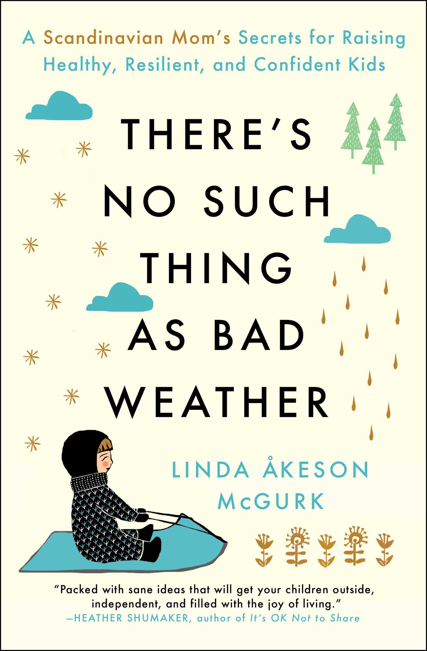 Book cover with title and graphic of a child outside on a sled with rain, snow, and cloud images.