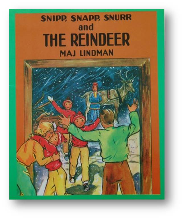 Book cover with title and graphic of three boys coming in from a snowy night and being greeted by their parents, with a man, a reindeer, and a sled behind them.  