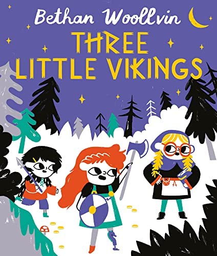 Book cover with title and graphic of three Viking children in the woods at night.
