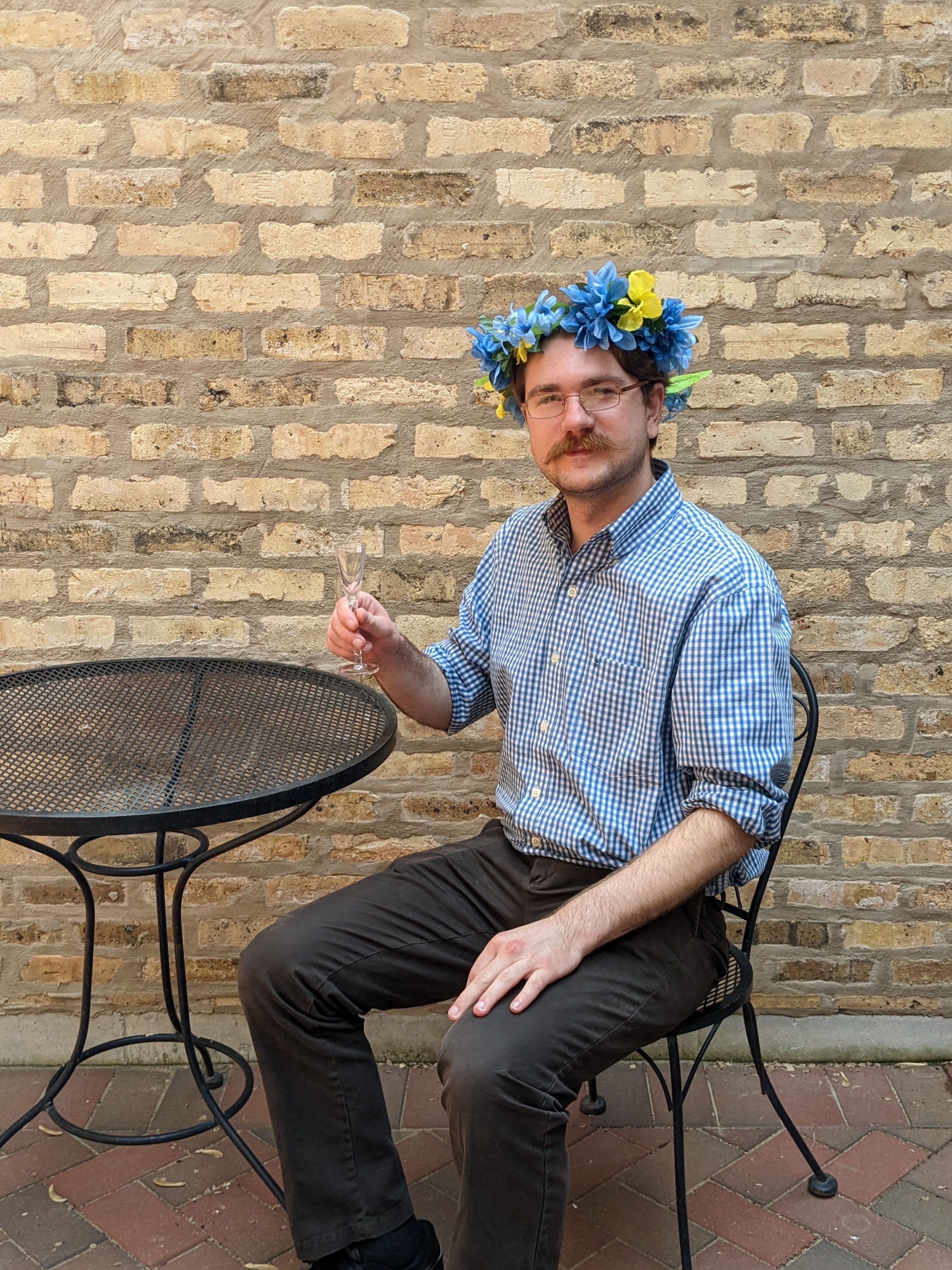 Jack wearing a blue and yellow flower crown