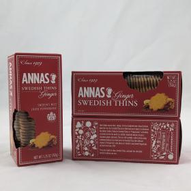 Three boxes of red boxes of Anna's ginger Swedish thin cookies. 