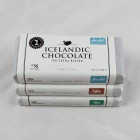three flavors of Icelandic Chocolate stacked atop each other