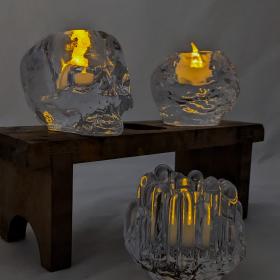 Still Life (skull), snowball and polar crystal votives with a tealight glowing in the dark to create an eerie ambiance.  
