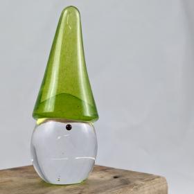 glass tomte with a clear body and red nose, pistachio green colored hat. 