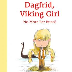 Book cover with title and graphic of a viking girl with long blonde braids, holding her hair and scowling in front of a Viking ship.