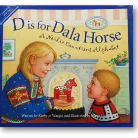 Book cover with title and graphic of a young girl holding out a red painted dala horse to a young boy.