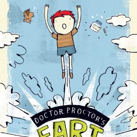 Book cover with title and graphic of a young boy rising above the title on a stream of air with arms above his head and a surprised face.