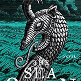 Book cover with title over a graphic of the ocean and a figurehead of a dragon.
