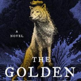 Book cover with title over a graphic of a golden wolf standing on a rock and wearing a crown, with water splashing behind it.