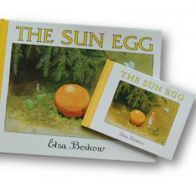 Image of large and miniature versions of the book, The Sun Egg, featuring the title and illustrations.
