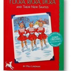 Book cover with title and graphic of three blonde girls skating in red dresses. 