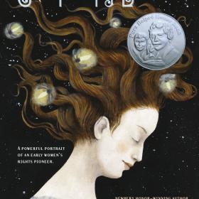 Book cover with title and graphic of a brunette woman with fireflies in her hair. 