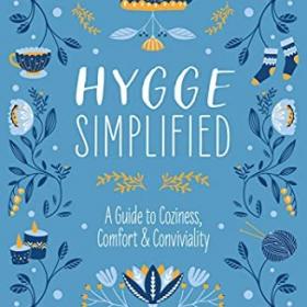 Book cover with title and various cozy graphics in shades of blue and yellow. 