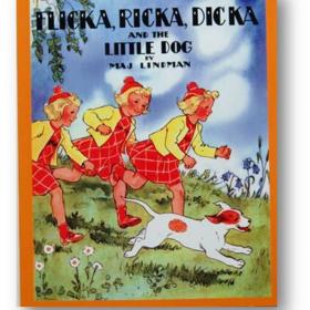 Book cover with title and graphic of three blond girls running through the grass with a white and brown spotted dog. 