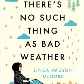 Book cover with title and graphic of a child outside on a sled with rain, snow, and cloud images.