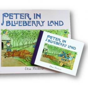 Image of large and miniature versions of the book, Peter in Blueberry Land, featuring the title and illustrations.
