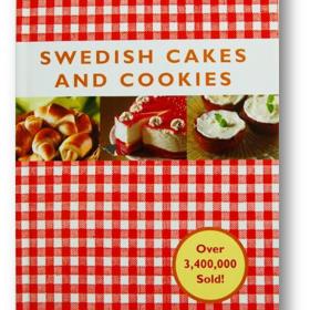 Book cover with title and photos of Swedish baked goods with a red gingham background.