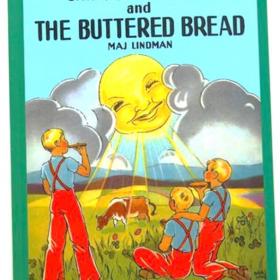 Book cover with title and graphic of three blonde boys in a cow pasture gazing up at the sun.