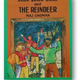 Book cover with title and graphic of three boys coming in from a snowy night and being greeted by their parents, with a man, a reindeer, and a sled behind them.  